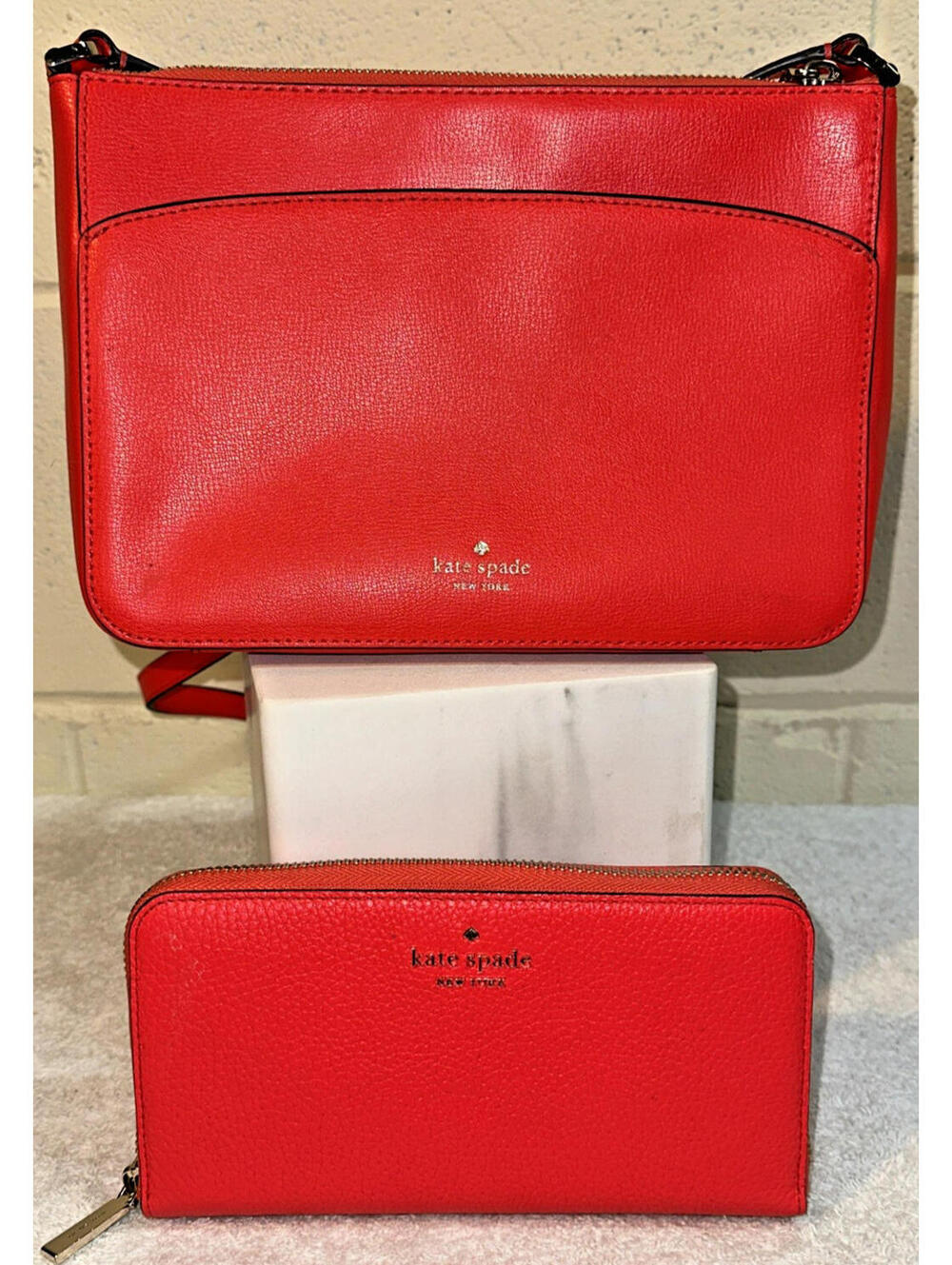 Kate Spade Coral Leather Adel Medium Top Zip Crossbody Purse w/ Match Wallet